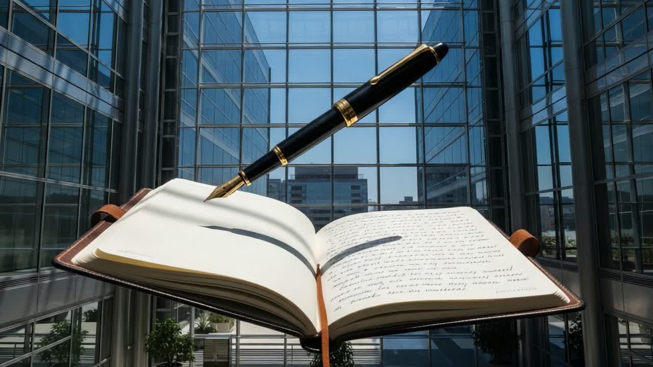 An Open Notebook and Elegant Pen Captured in a Modern Glass Building, Symbolizing Creativity, Ambition, and Inspiration in a Contemporary Workspace