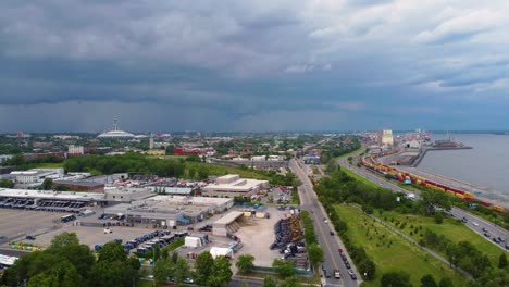 aerial view of waterside roads and clouds, montreal, quebec, canada