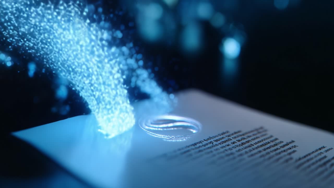 Dynamic Visual Representation of Abstract Particles Emanating from a Document, Showcasing a Stunning Display of Light and Motion in a Dark Setting
