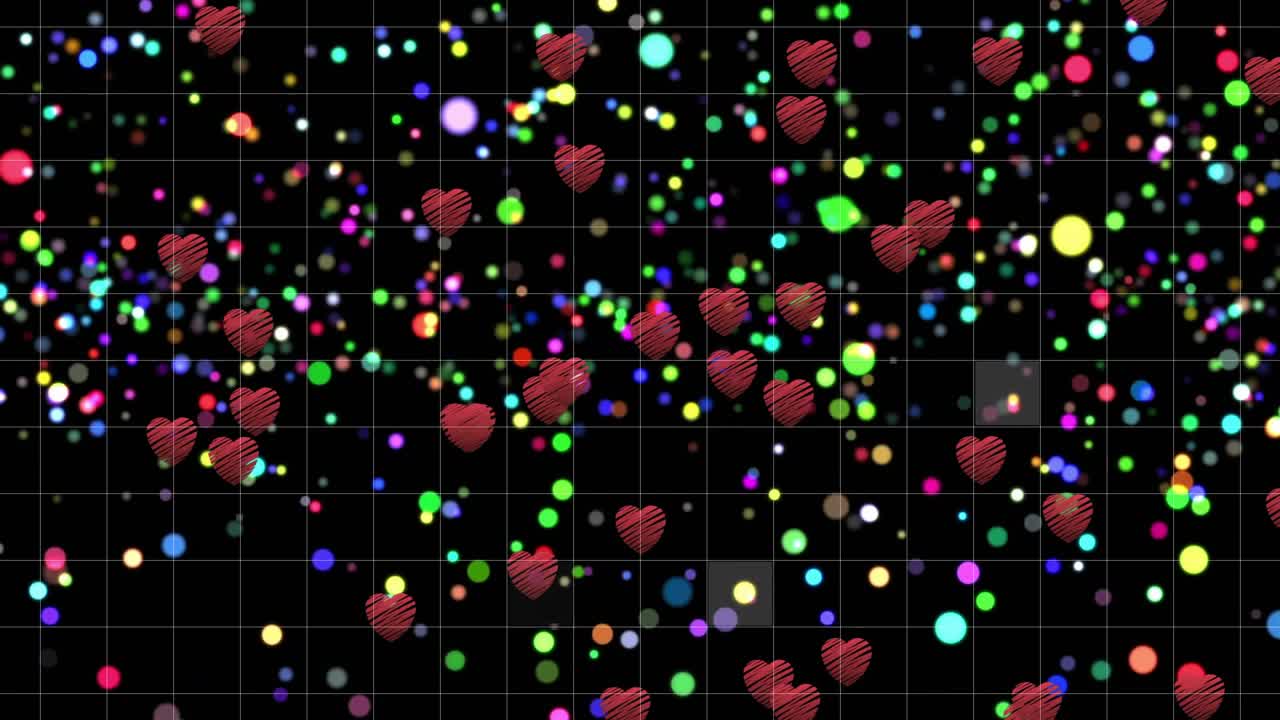 Opening black grid and drifting rainbow particles, spawning red hearts clustering into dense field