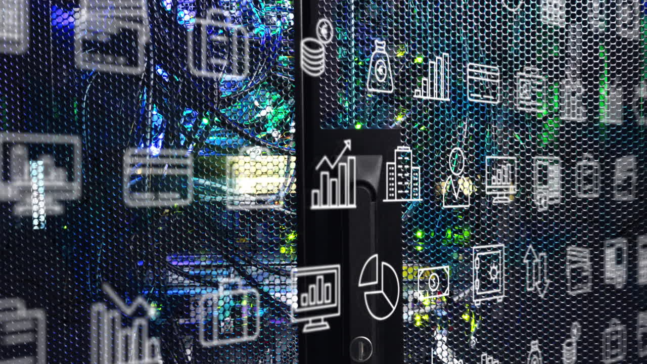 Animation of multiple digital icons against close up of a computer server