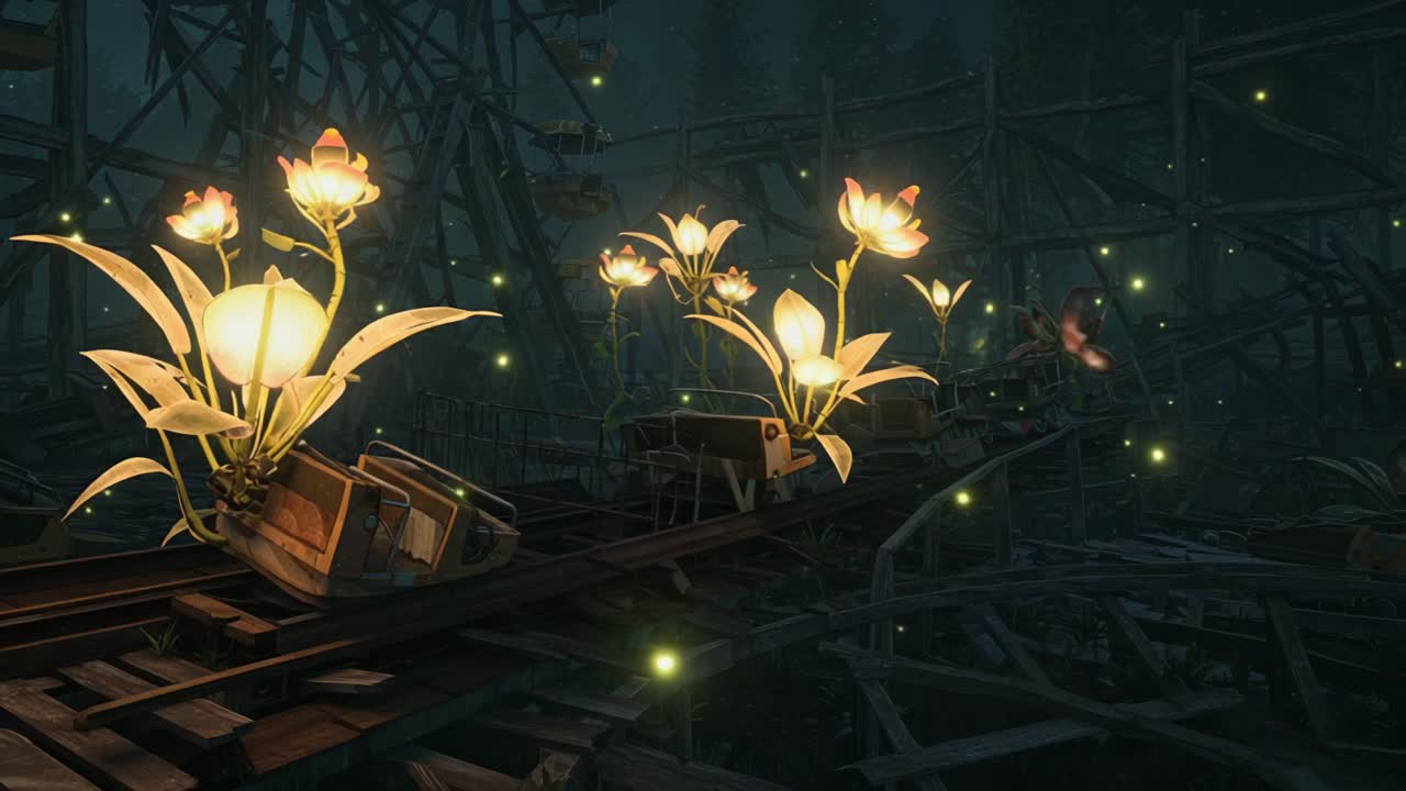 A Surreal Journey Through an Abandoned Amusement Park Overgrown with Luminescent Flowers and Enchanted Fireflies Illuminating the Night