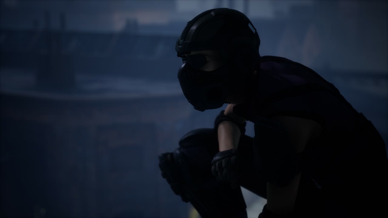 지붕에 있는 사이버 ⁇ 크 스타일의 여자