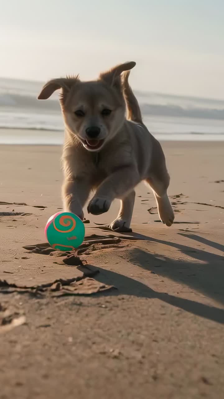Video verticale: cucciolo marrone chiaro che corre sulla spiaggia inseguendo una palla turchese brillante per riportarla