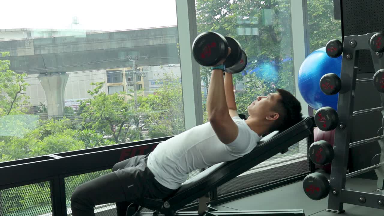 Man performing incline dumbbell chest press in modern gym with natural daylight and city view