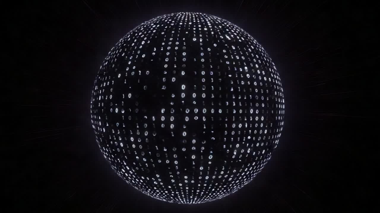 A Digital Sphere Formed of Binary Code Particles in a Dynamic Black Background, Representing the Essence of Data in Modern Technology