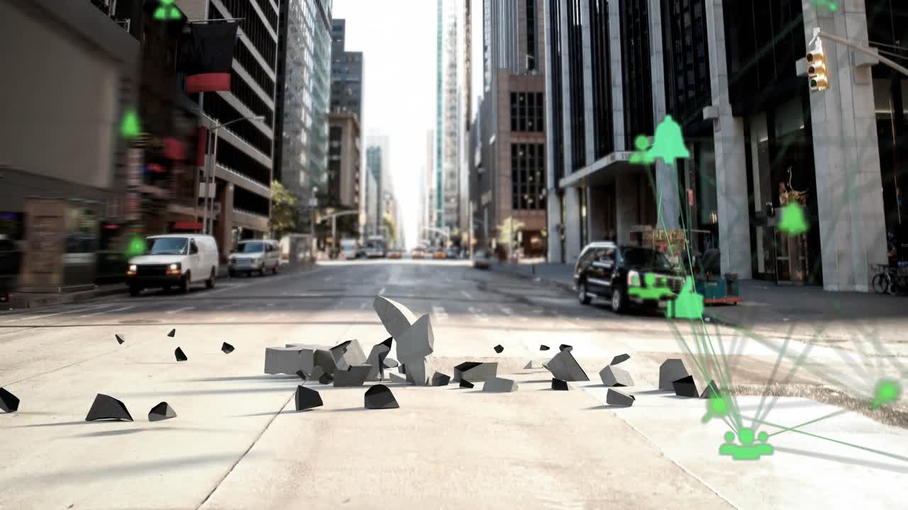 거리에 떨어지고 부러지는 유로 기호 위에 디지털 아이콘의 글로브의 애니메이션