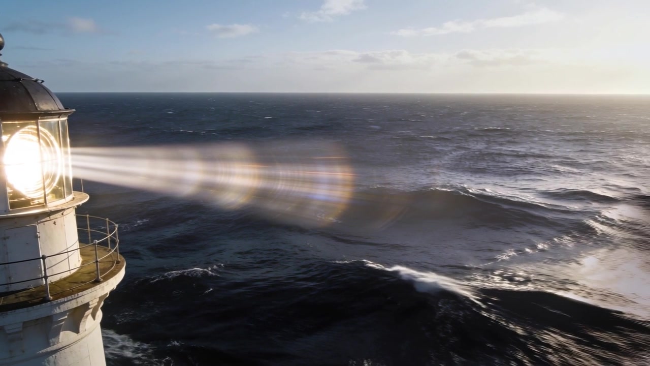 Lanterna di faro rotante che proietta un fascio di luce sul mare lungo la costa, guidando le navi, con bagliore dell'obiettivo e spazio per il testo