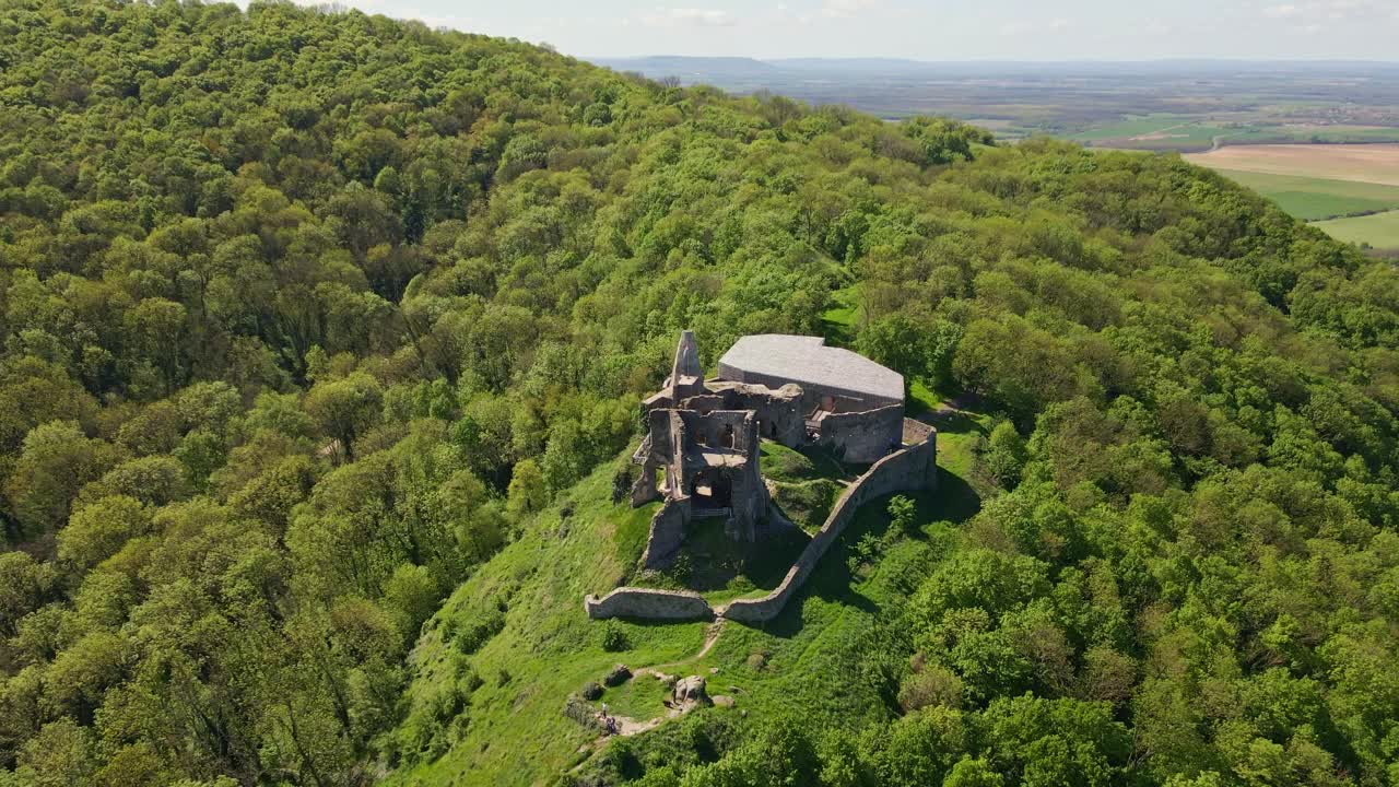An aerial view of ancient castle ruins perched atop a lush, green forest hill under a clear sky. The stone walls and tower, adorned with a flag, contrast beautifully with the surrounding landscape.