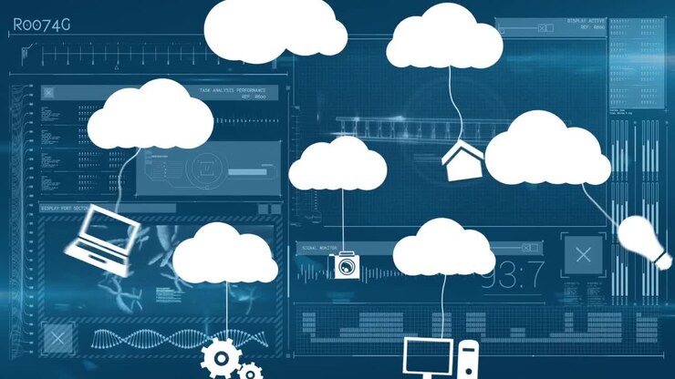 Animation of cloud icons and data processing over dark background