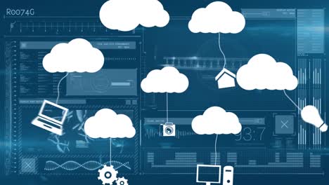 animación de iconos de nubes y procesamiento de datos sobre un fondo oscuro