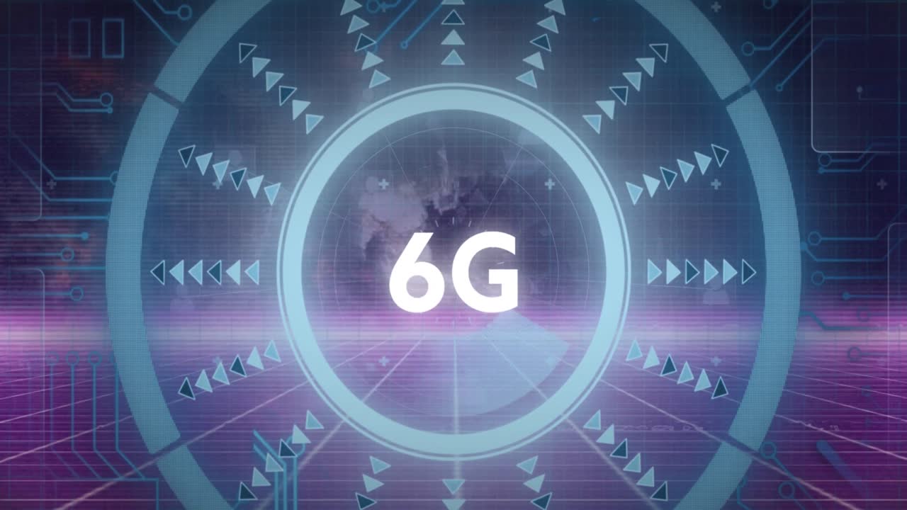 보라색 그리드 네트워크를 통해 회전하는 지구를 상대로 둥근 스캐너를 통해 6g 텍스트의 애니메이션