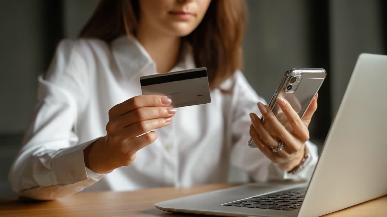 A woman engages in online shopping, holding a credit card in one hand while using her smartphone to browse products, demonstrating the ease of digital transactions