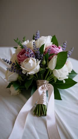 close-up shot of an elegant bridal bouquet with pink and white flowers, lavender, and greenery