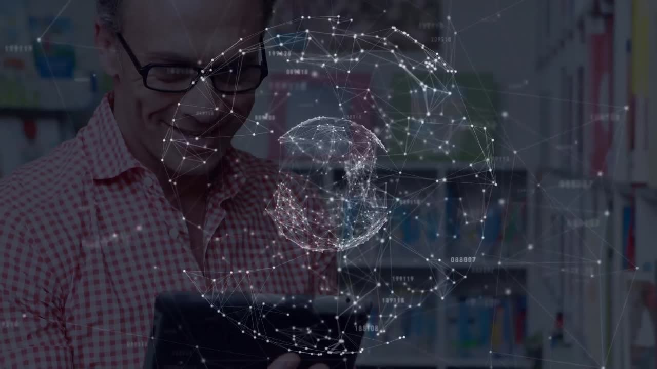 Globe of network of connections against male teacher using digital tablet