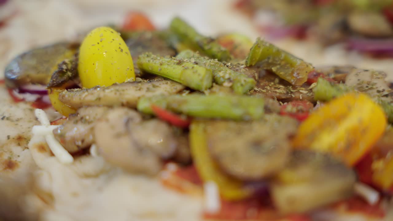 Healthy Vegetable Toppings Over Homemade Pizza. Close-up, Macro Shot