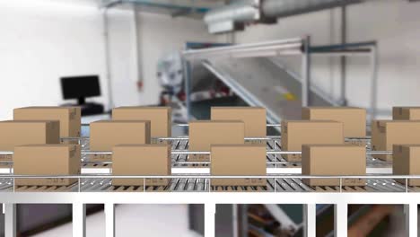 Animation-of-cardboard-boxes-moving-on-conveyor-belts-in-warehouse