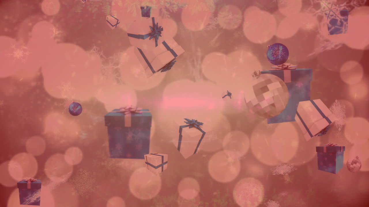 크리스마스 선물, 공과 눈이  ⁇ 은 필터로 보케 배경 위에 떨어지는 애니메이션