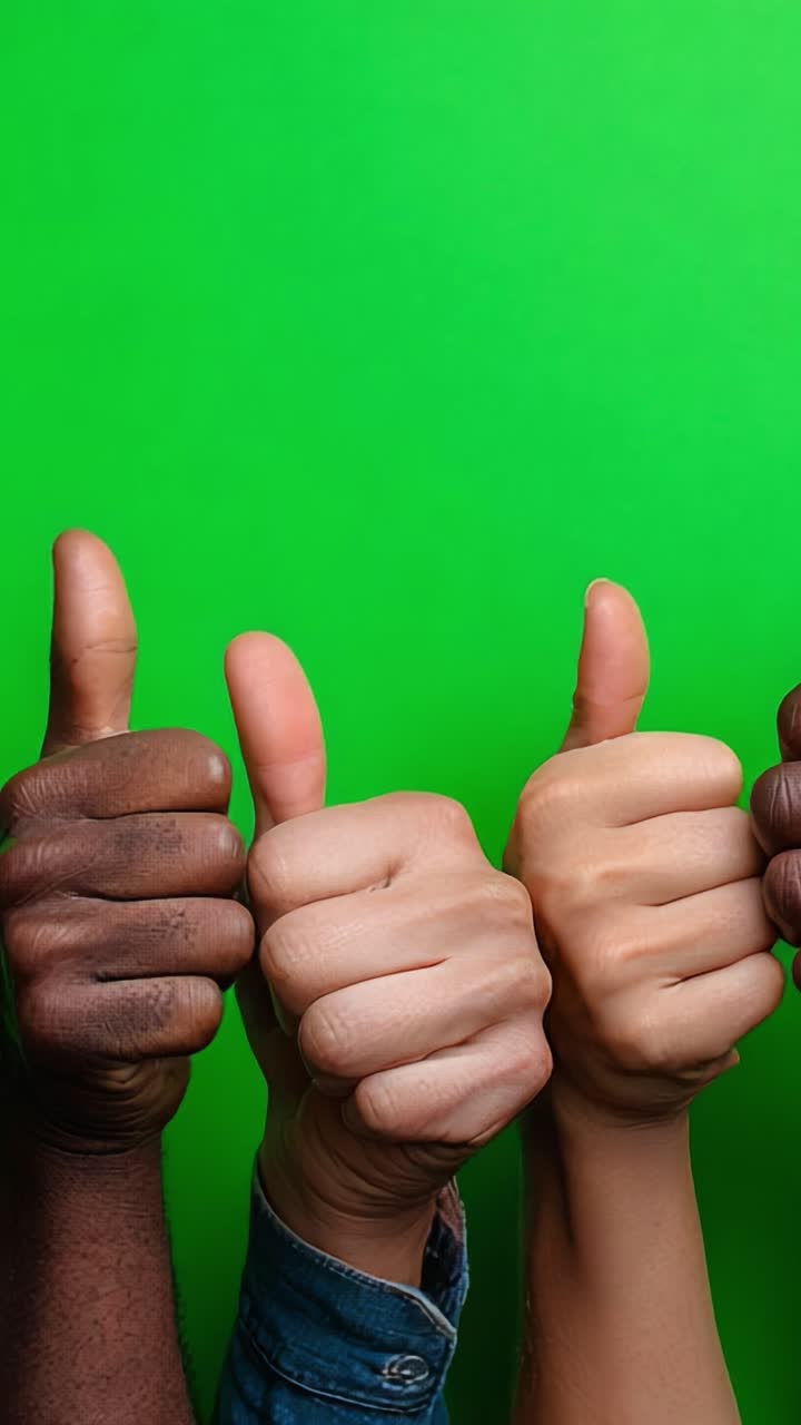 Un groupe diversifié de personnes levant le pouce devant un fond vert vif, symbolisant la positivité, le soutien et l’approbation dans un cadre dynamique