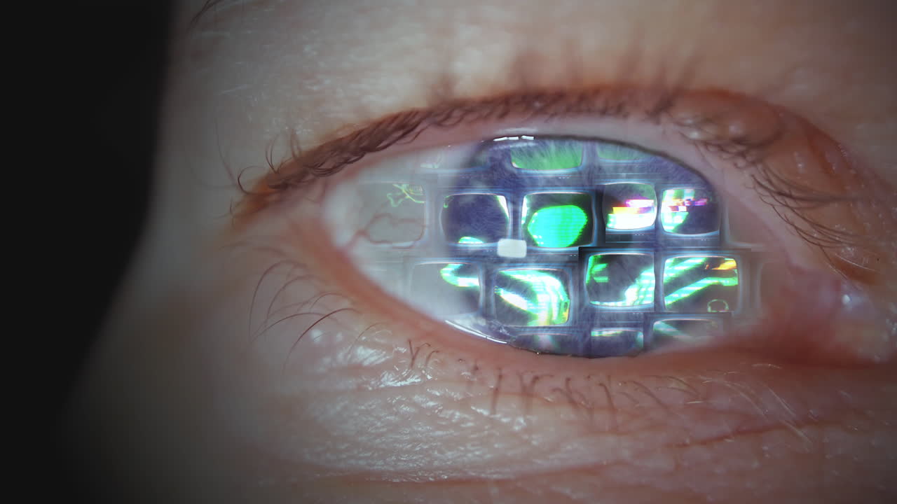 concepto de salud ocular y enfermedad con macro disparo de iris humano con animación de virus