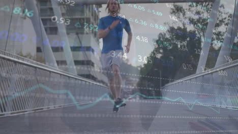 animation of financial data processing over caucasian man running