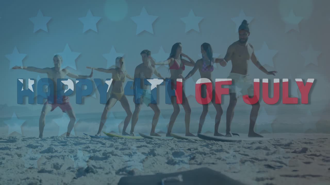 Independence day text against group of friends practicing surf boarding at the beach