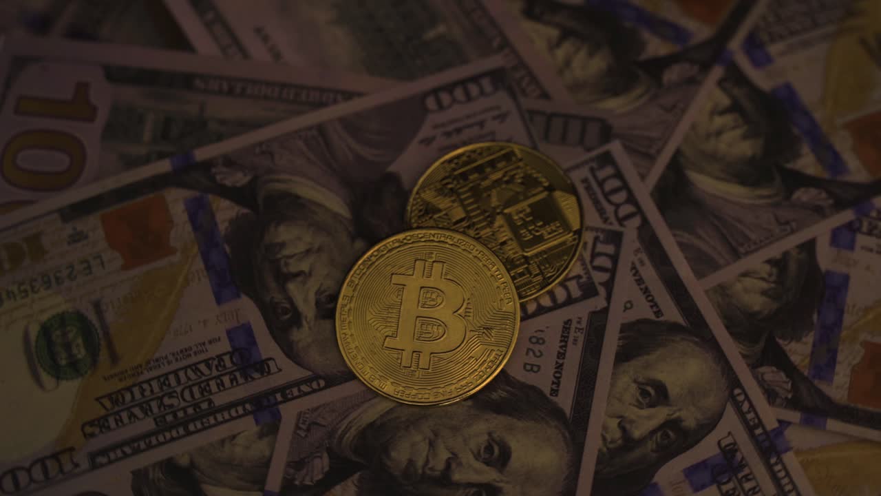 dólares estadounidenses y bitcoins amarillos brillantes están girando.