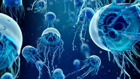 las medusas azules están nadando en el profundo mar oscuro. animación de alta calidad.
