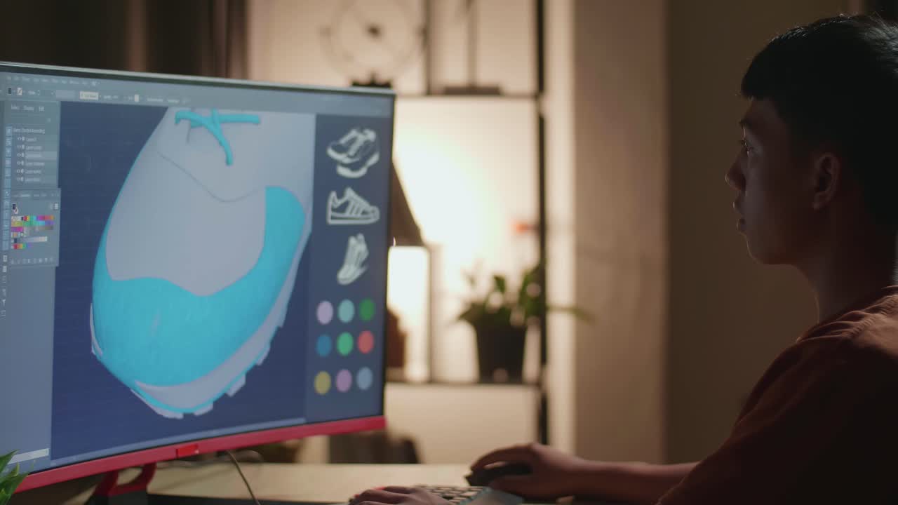 un adolescente diseña zapatillas de deporte en la computadora