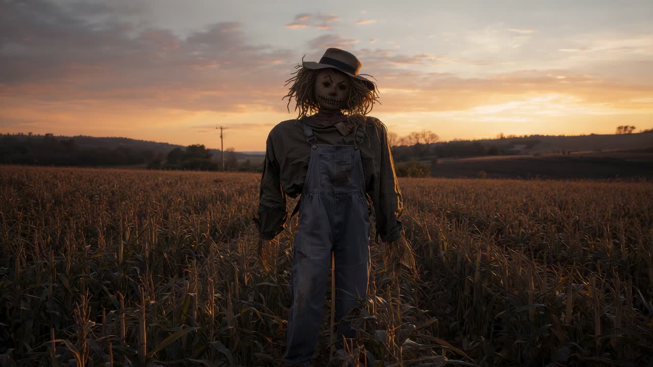 Straw scarecrow wearing hat and overalls swaying by cornfield at sunset, triggered by breeze