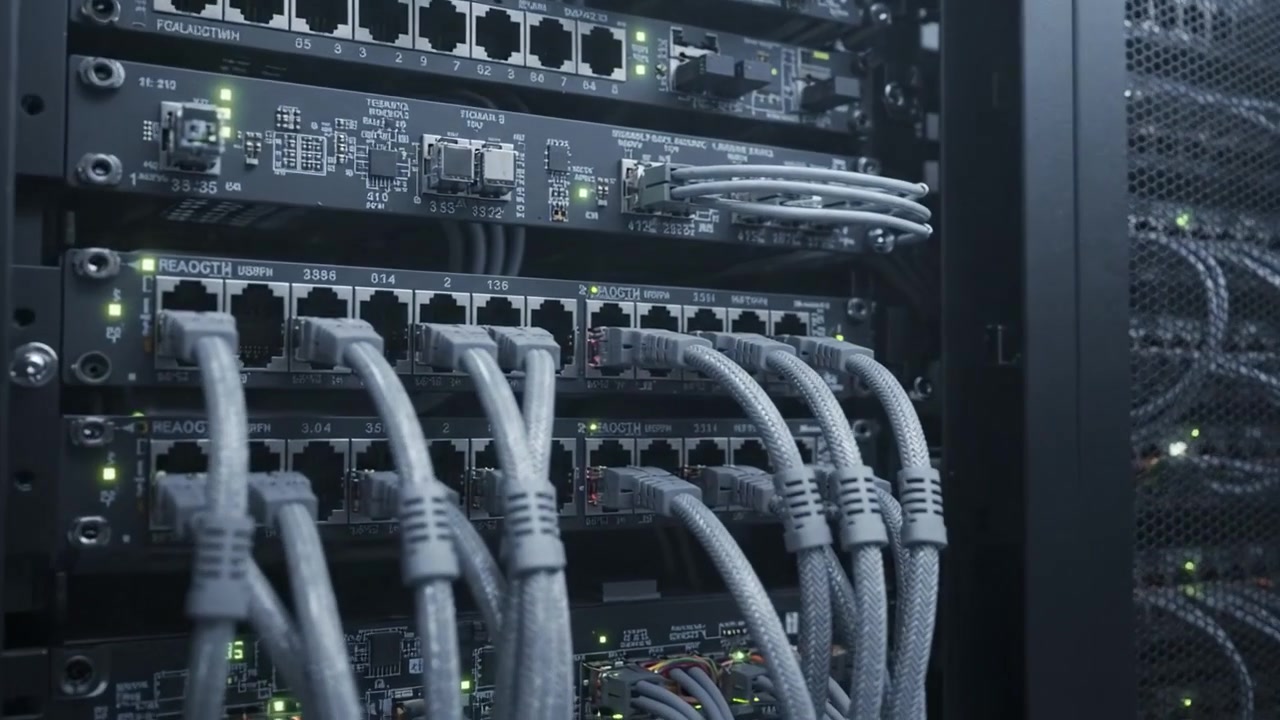 A Close-Up View of Modern Server Rack Technology with Intricate Wiring and LED Indicators Illuminating the Data Center Environment for Enhanced Performance