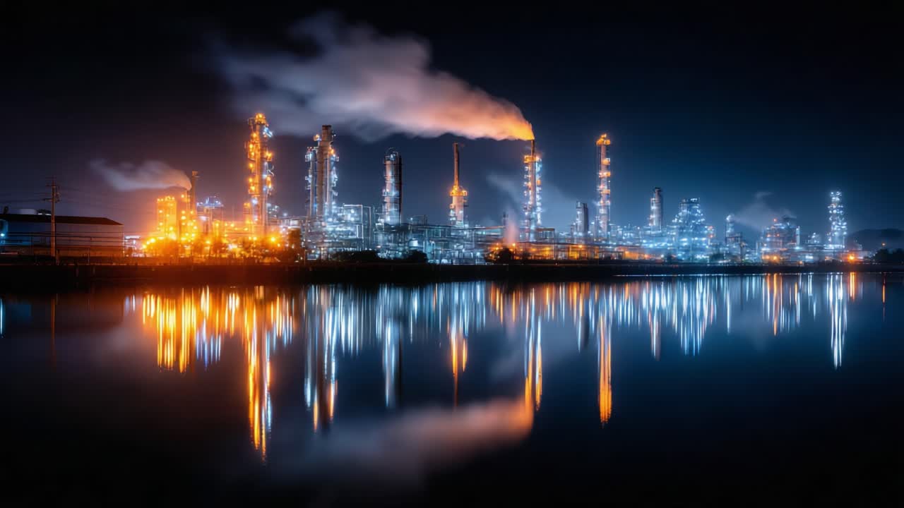 Illuminated Industrial Complex Reflected in Calm Waters at Night, Showcasing Towers and Smoke Plumes in a Stunning Urban Landscape