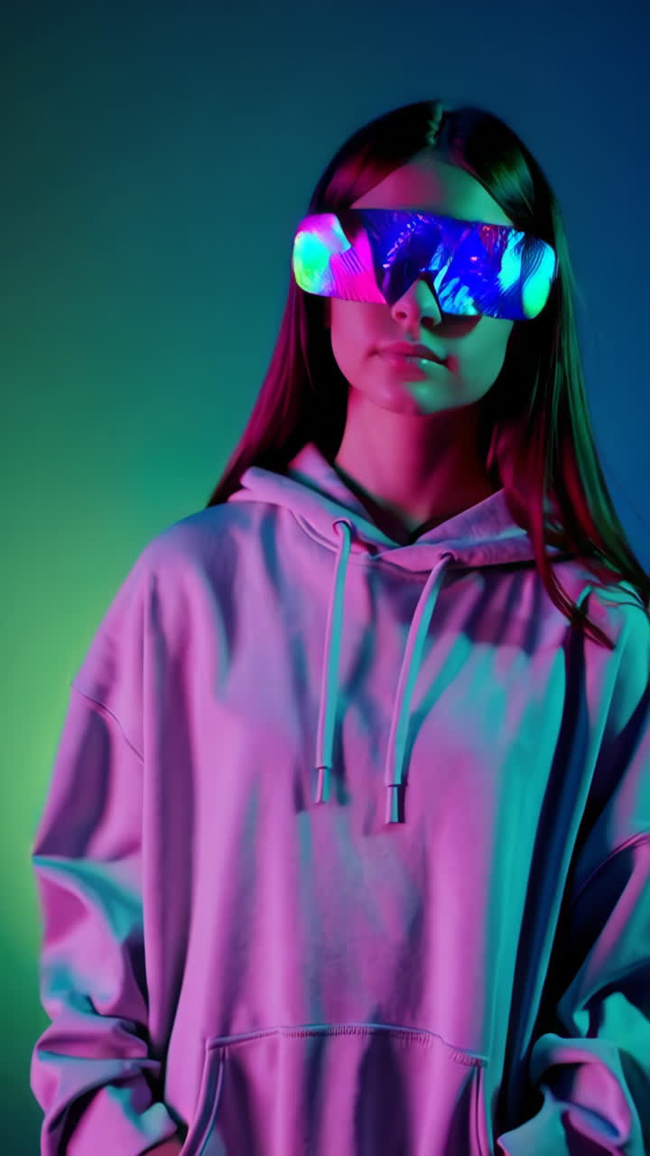 Youth in Futuristic Neon Visor with Gradient Lighting