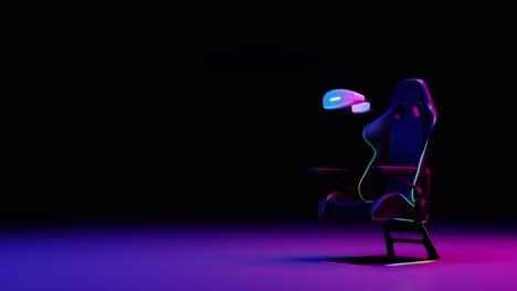 gamer chair next to virtual reality goggles floating on neon background. 3d animation loop