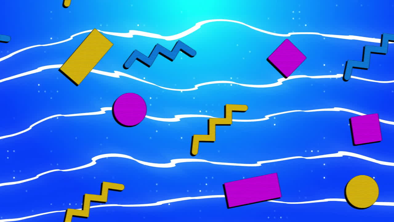 Animation of colourful shapes over white lines on blue background