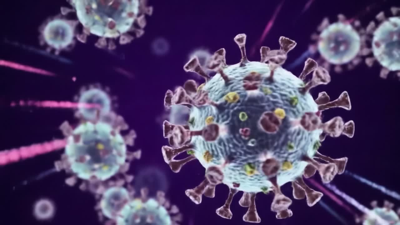 Visualization of Viruses: An Intricate Look at Viral Structures and Their Dynamic Movement in a Colorful Background of Science and Technology