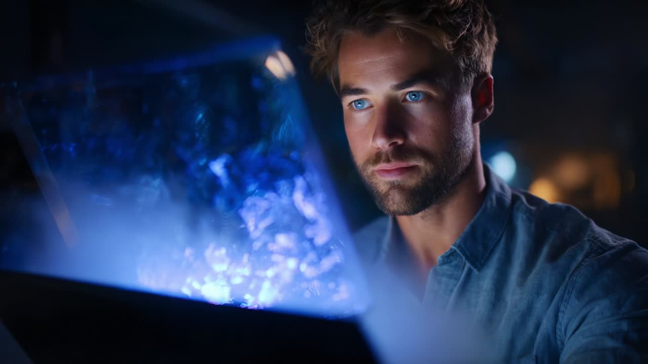 A Focused Individual Analyzing an Enigmatic Blue Light Source, Surrounded by Dense Fog, in an Intimate Setting That Evokes Curiosity and Intrigue, Indicating a Deep Engagement with the Surrounding Elements