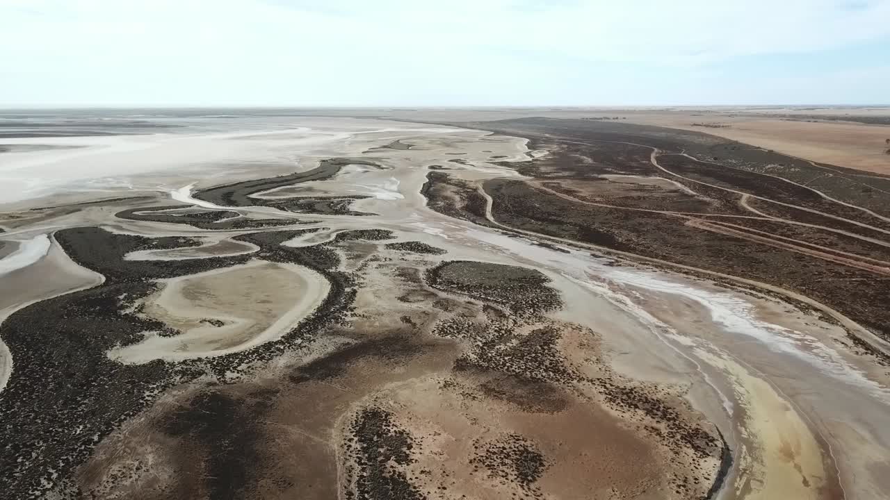 Aerial footage of Tyrell Creek where it enters Lake Tyrell in north-west Victoria, May 2021.