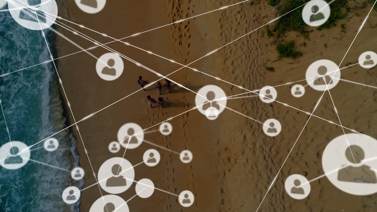 Friends standing near surf on beach, avatar appearing and connecting overlay nodes for tech demo