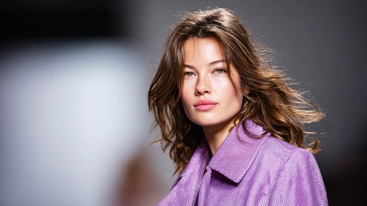 In passerella, una modella sfoggia una vivace moda viola con stile glamour ed eleganza naturale durante un evento di alto profilo dedicato alla bellezza e al design