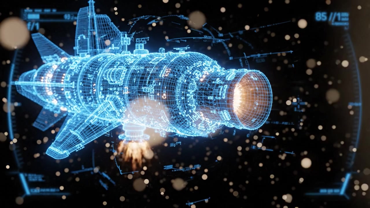 Futuristic Wireframe Spacecraft Propelling Through Cosmic Space with Digital Interface and Particle Effects Illustrating Its Journey Beyond Earth