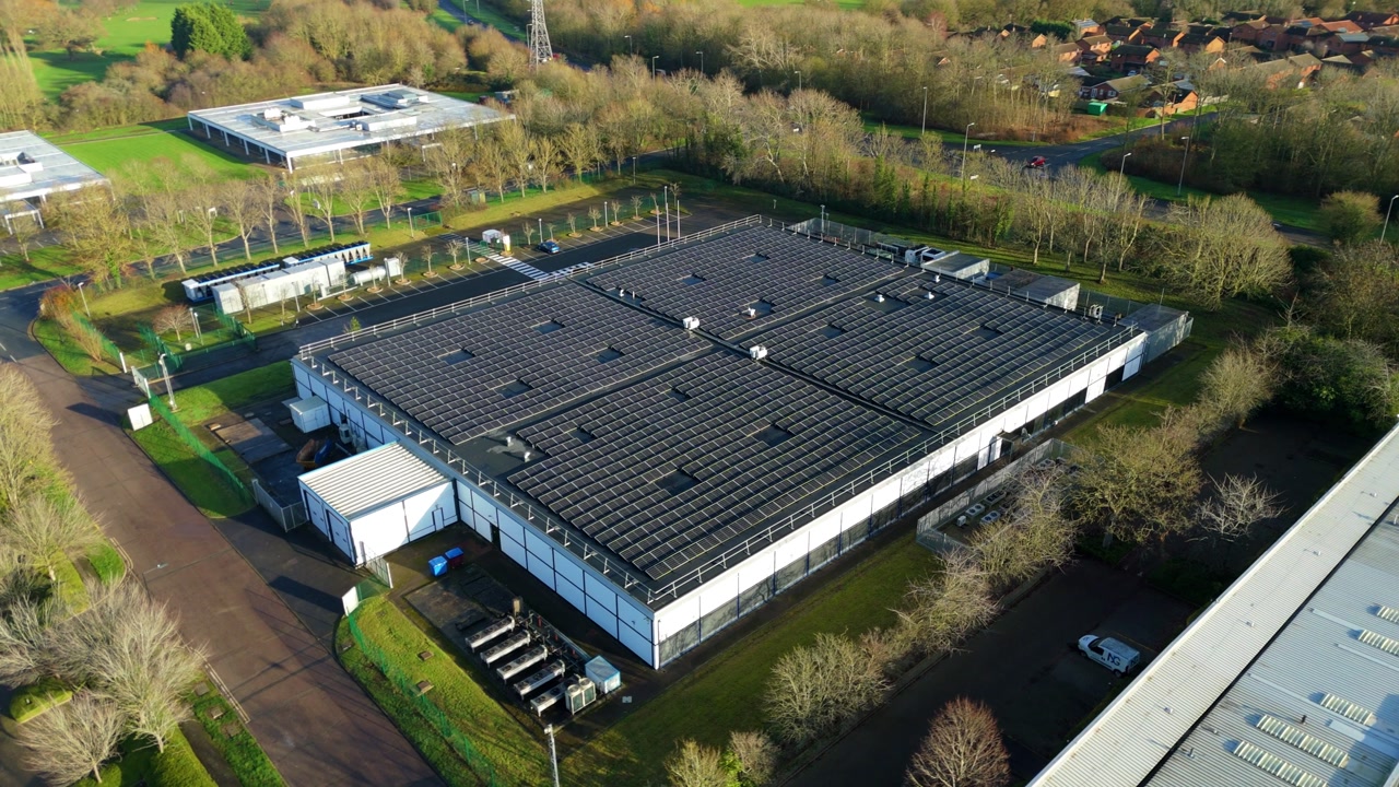 Aerial view of a major Milton Keynes technology park featuring a high-capacity AI data processing facility.