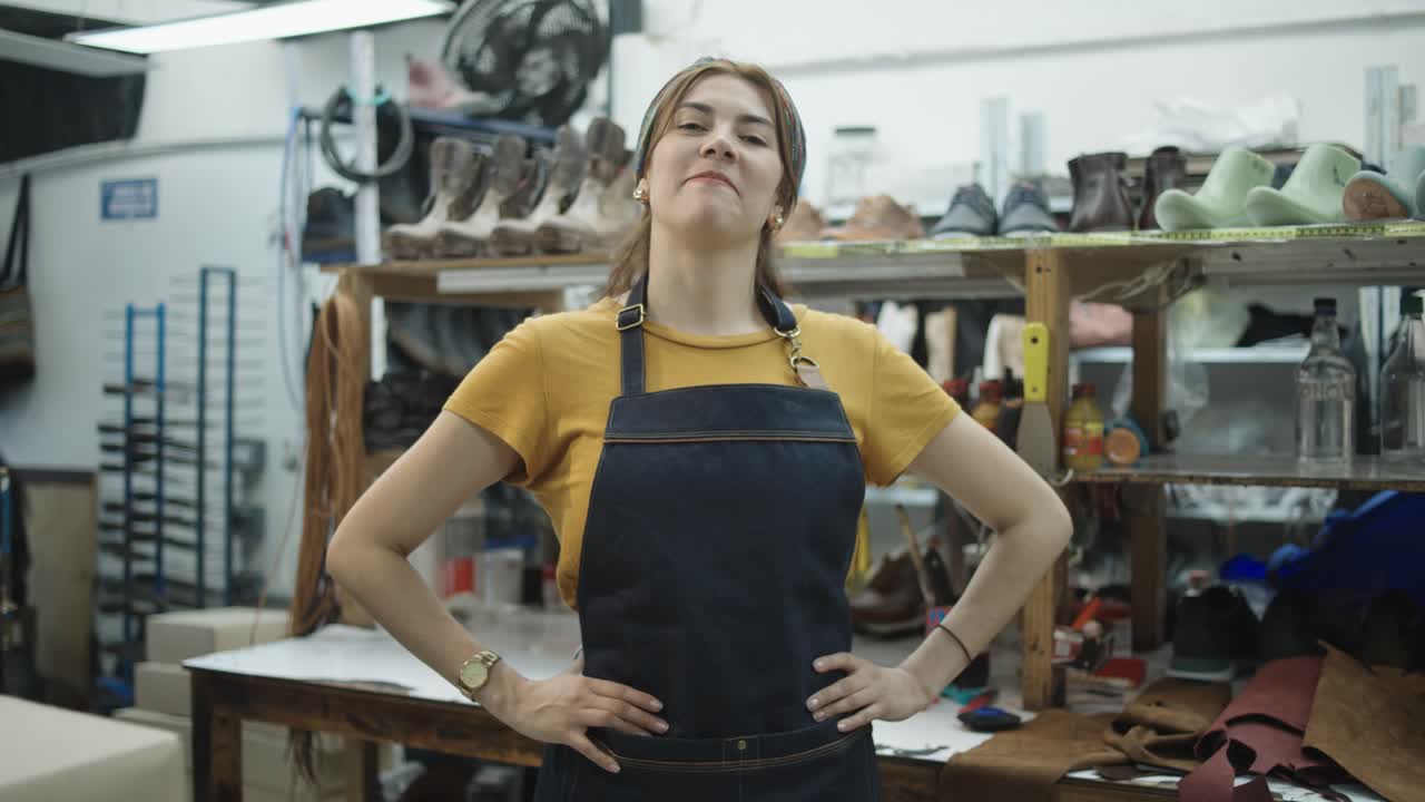 A portrait of a young, attractive woman in workwear at a handmade leather shoe production facility.