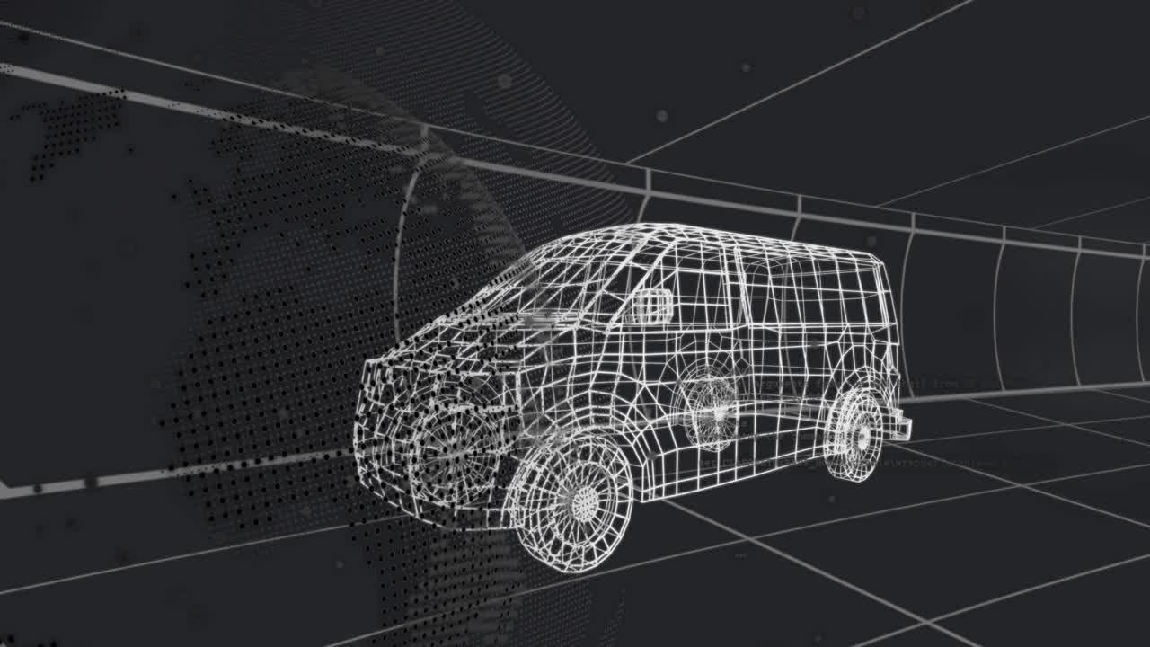 Globe pulsing and causing wireframe 3D van front mesh fragmenting, reassembling for technical demo