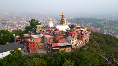 static drone shot religious buddhist temple in kathmandu city in nepal