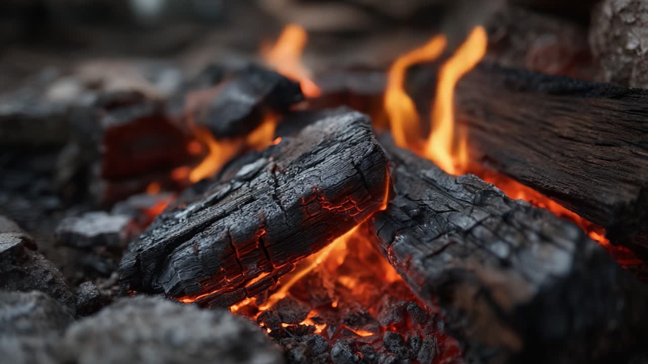 Braci illuminanti: un affascinante primo piano di fiamme tremolanti e legno carbonizzato, che mette in mostra la bellezza nascosta di un'accogliente esperienza al falò.