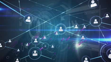 animation of network of connections with icons over data processing
