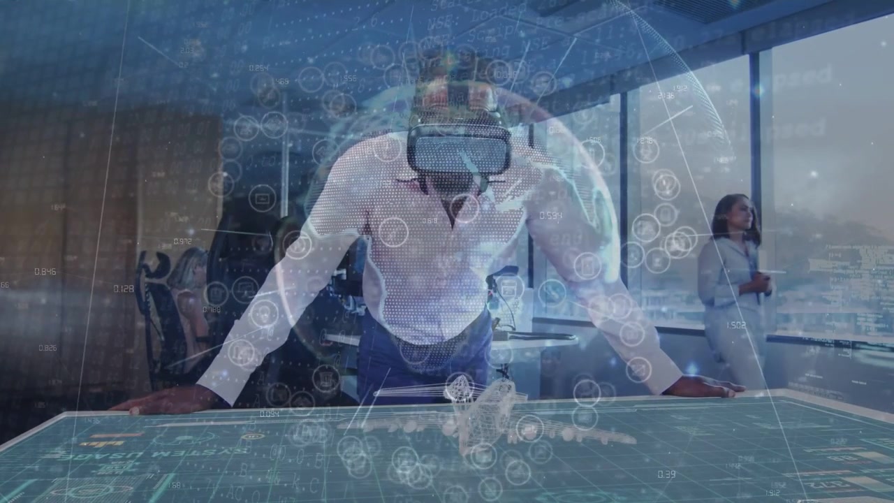 Diverse team in business attire observing man with VR headset using touch table hologram in office