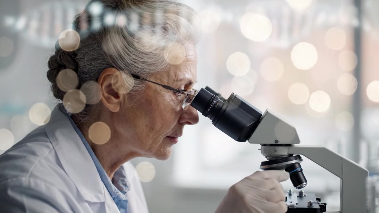 Uno scienziato concentrato esamina campioni microscopici con un microscopio, evidenziando i dettagli intricati delle strutture del DNA in un ambiente di laboratorio