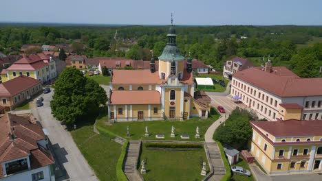 fabulous aerial top view flight church on hill at village chlum in czech republic europe, summer day of 2023